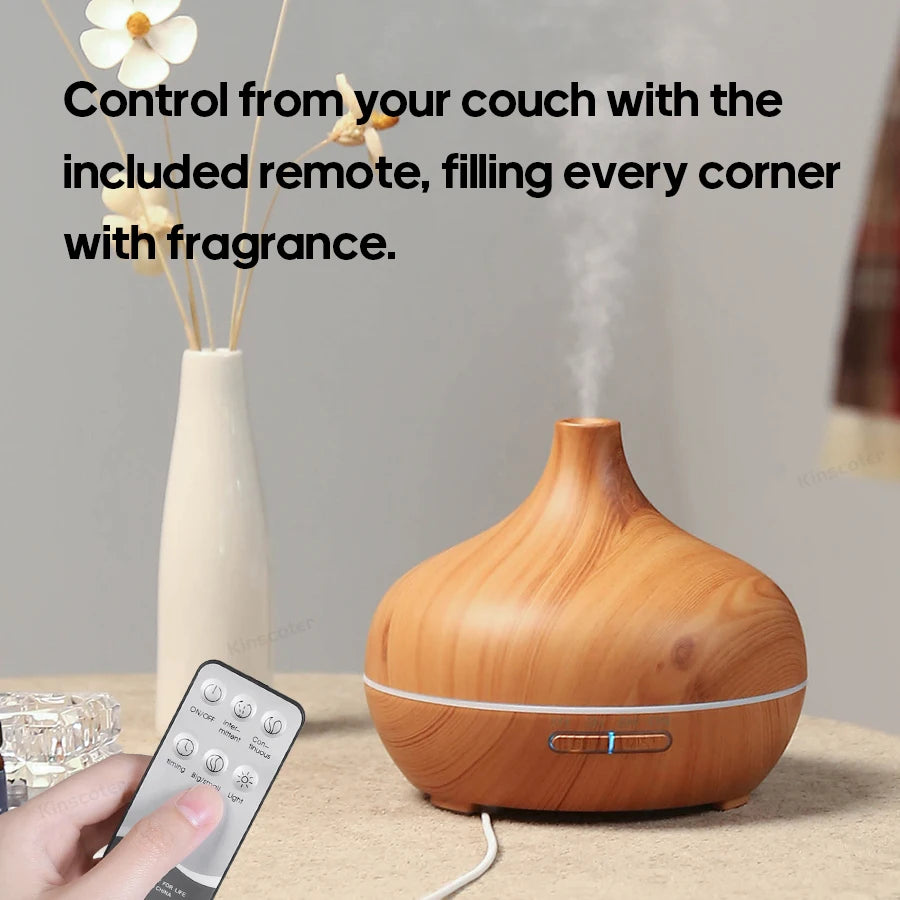 Aromatherapy Essential Oil Diffuser Set — 300ml Wood Grain Ultrasonic Humidifier with Remote Control