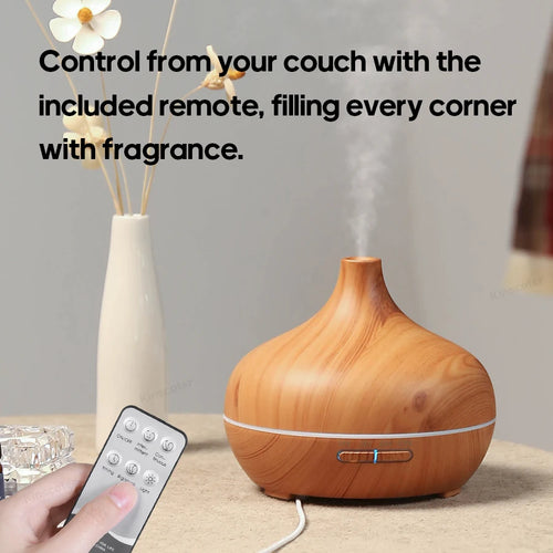 Aromatherapy Essential Oil Diffuser Set — 300ml Wood Grain Ultrasonic Humidifier with Remote Control