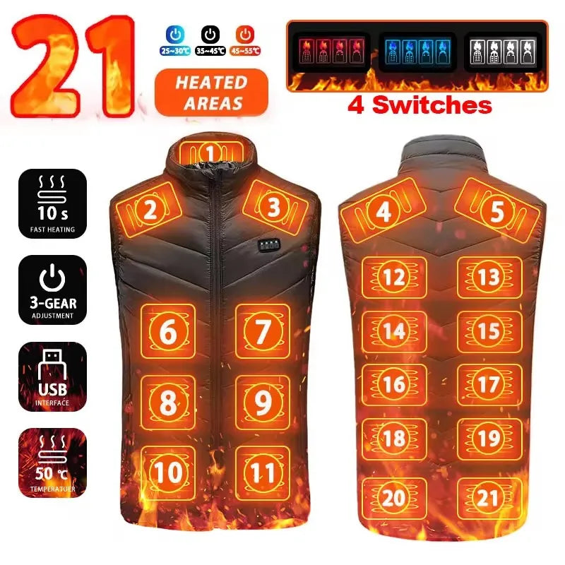 Heated Vest for Men & Women — Up to 21 Heating Zones, USB Powered