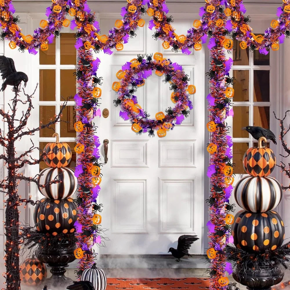 2m Halloween Wreath Pendant Glitter Plastic Bat Pumpkin Halloween Door Hanging For Home Garden Decoration Halloween Decor