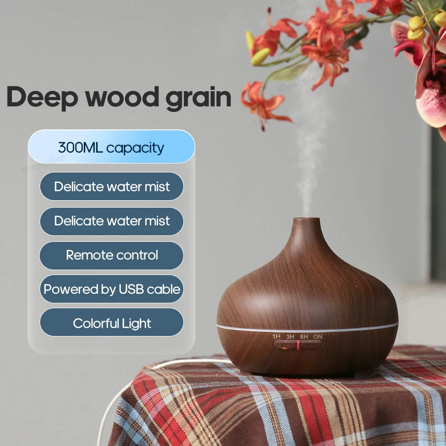 Wooden diffuser with features listed on a gray background