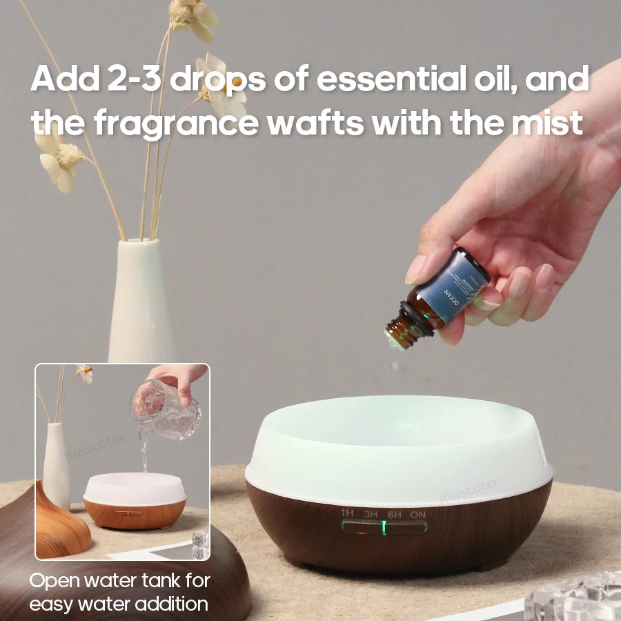 Hand adding essential oil to a diffuser with text on how to use it.