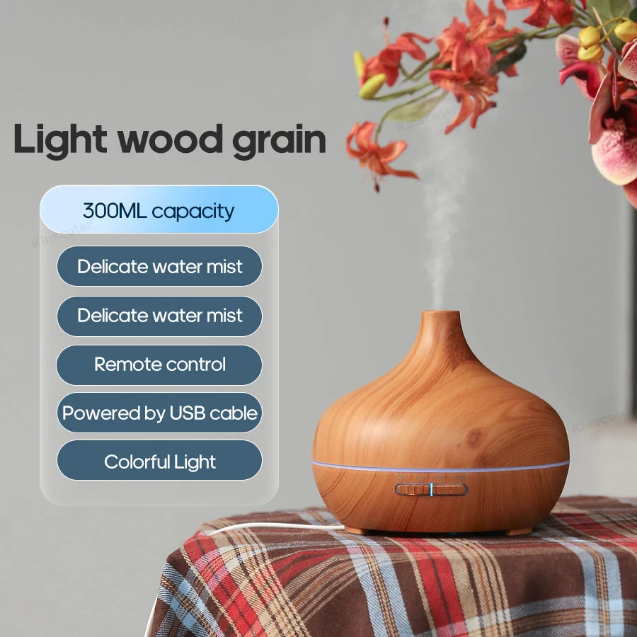 Wooden diffuser with features listed on a gray background
