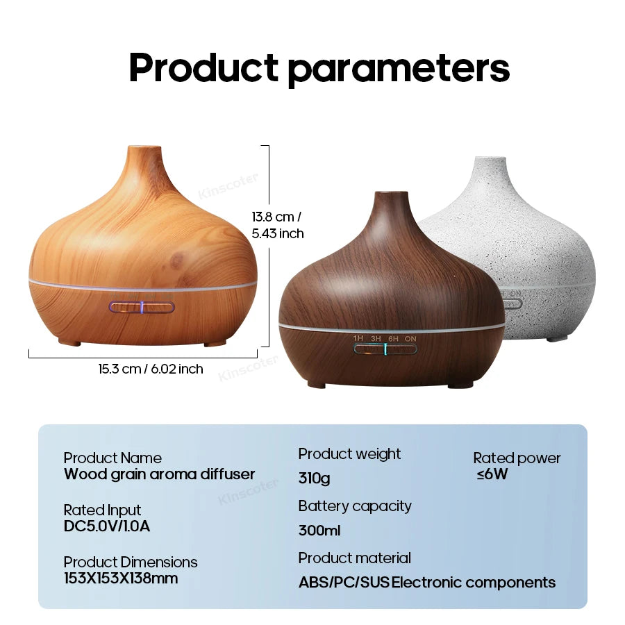 Wood grain aroma diffuser with dimensions and product parameters on a white background
