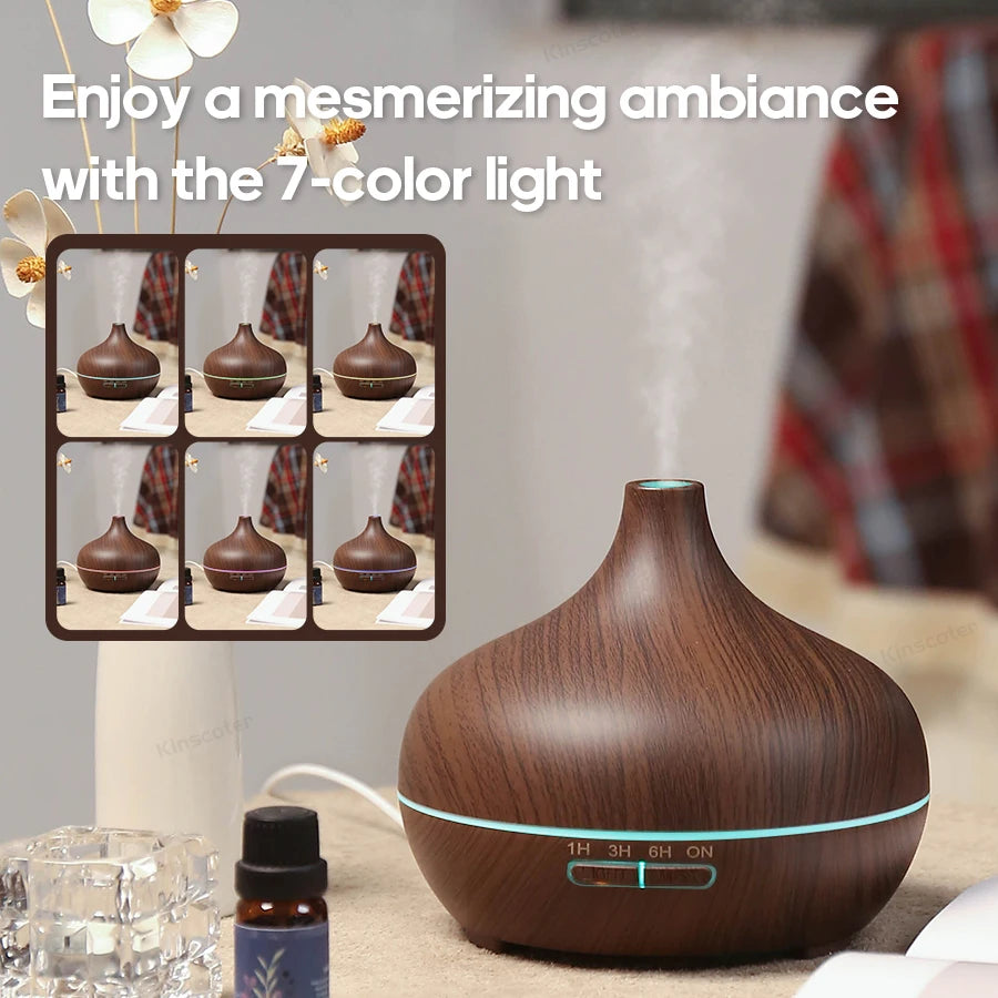 Wooden diffuser with 7-color light feature on a blurred background