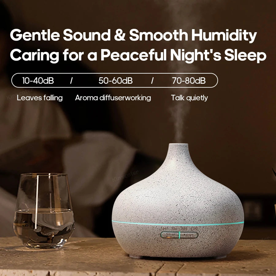 Aromatherapy diffuser on a table with a glass of water, labeled for sleep aid.